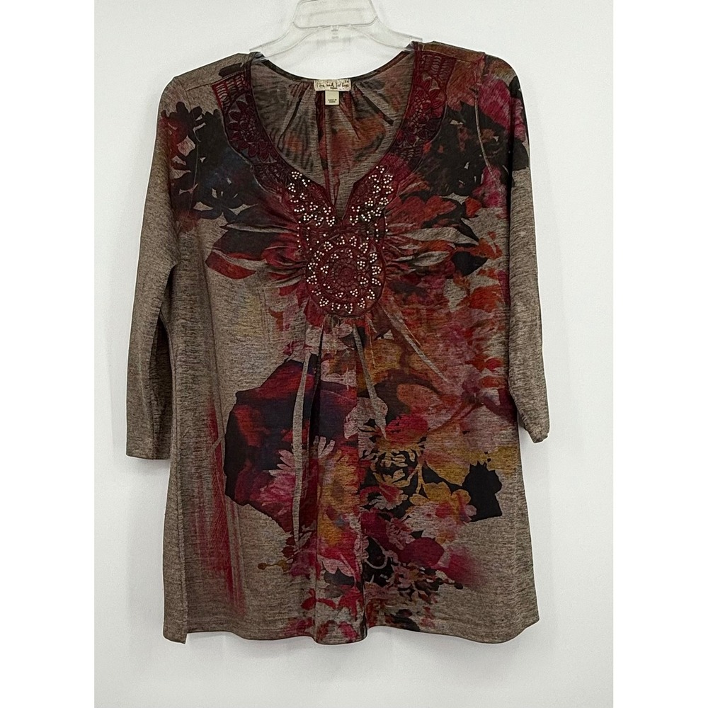 OneWorld Live and Let‎ Live Floral Artsy Embellished 3/4 Sleeves 2X Tunic Boho - Picture 3 of 12